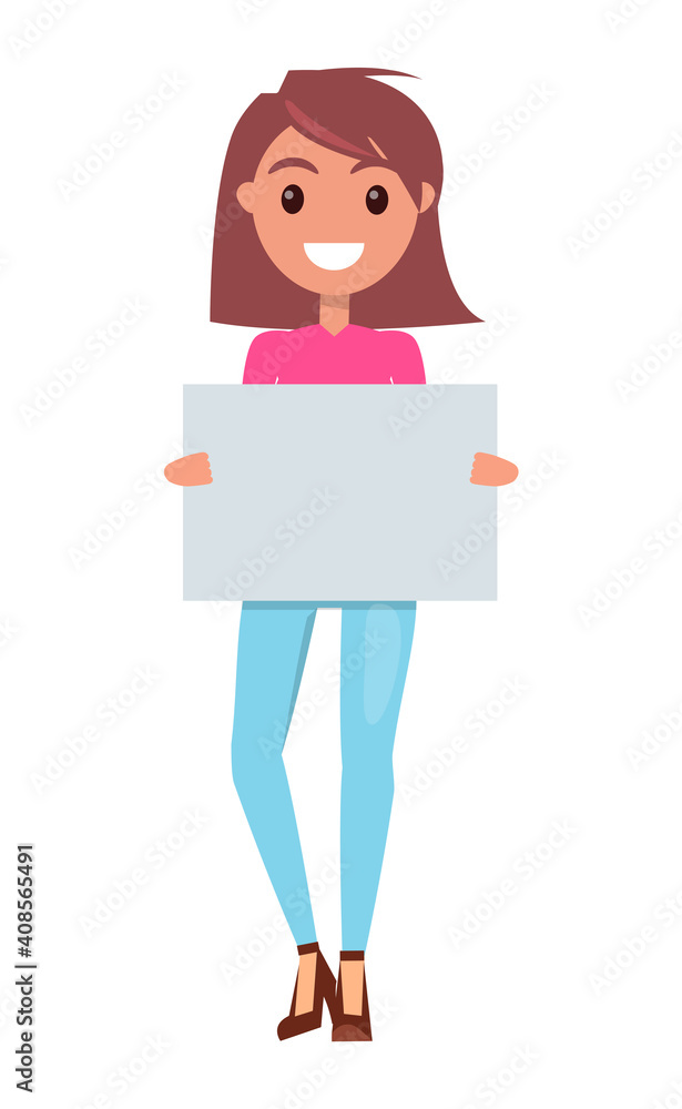 Portrait of young smiling girl wearing pink t-shirt and jeans, stylish shoes at heels. Isolated cartoon character at white background. Cheerful girl posing, holding empty banner, paper. Place for text Portrait of young smiling girl wearing pink t-shirt and jeans, stylish shoes at heels. Isolated cartoon character at white background. Cheerful girl posing, holding empty banner, paper. Place for text