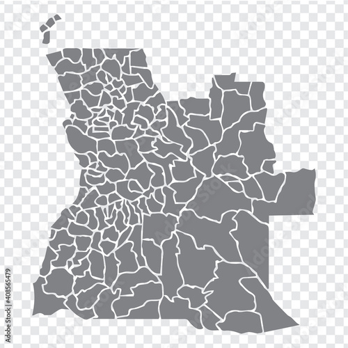 Blank map  of Angola in gray. Municipalities of Angola map. High detailed gray vector map of Angola on transparent background for your web site design, logo, app, UI.  EPS10. 
