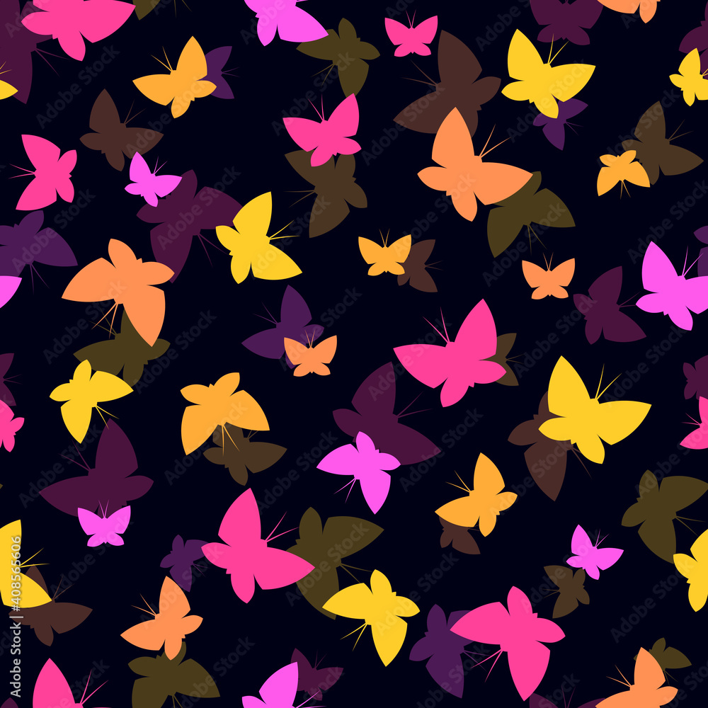 Cute butterflies colorful seamless pattern on dark background