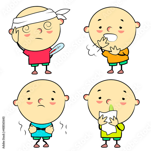 Person with illness symptoms of cold cough headache trembling dizziness snot and temperature rise