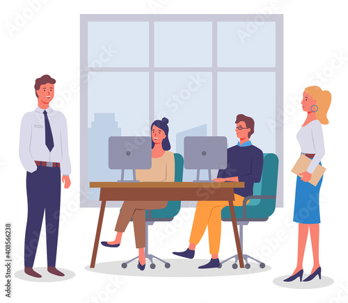 Office worker characters meeting concept. Businessman talking to colleagues siting at the desk with computer. Business people talking communication, discuss project, participate in business training