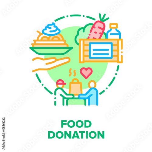 Food Donation Vector Icon Concept. Volunteer Delivering Donation Box With Foodstuffs, Fresh Natural Vegetables, Drink And Oil Bottle. Chief Cooking Delicious Dish Color Illustration