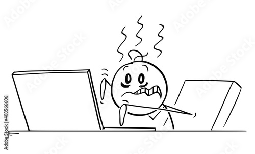 Stressed, overworked, sick man, blogger or office worker is working or typing on computer, vector cartoon stick figure or character illustration.