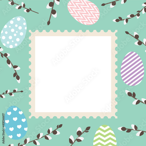 easter greeting card with eggs and pussy-willow twigs- vector illustration