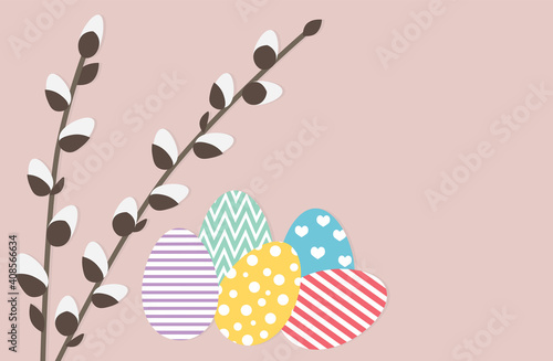 colorful easter eggs and pussy willow on pink background with copy space- vector illustration