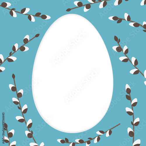 easter greeting card with white egg shape and pussy-willow twigs- vector illustration