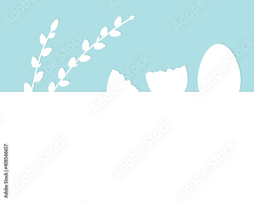 easter greeting card with shape of broken eggs and pussy-willow twigs- vector illustration