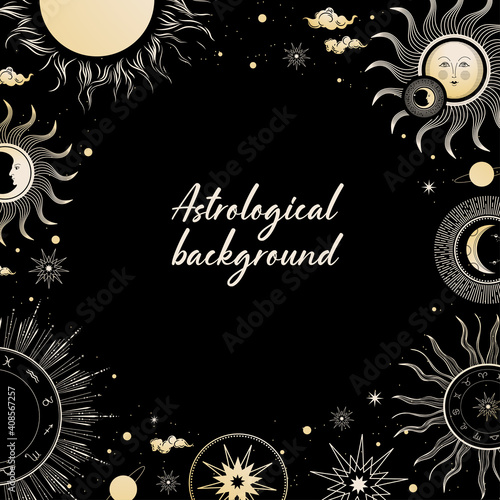 Black background with zodiac symbols. Astrological horoscope. Social media template.