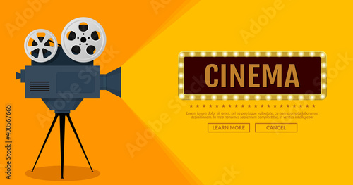 Cinema festival poster with movie camera on orange background. Vector illustration. Flat design. EPS 10.