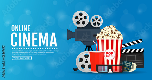 Vector illustration blue banner for the cinematography. Elements of the film industry. EPS 10.