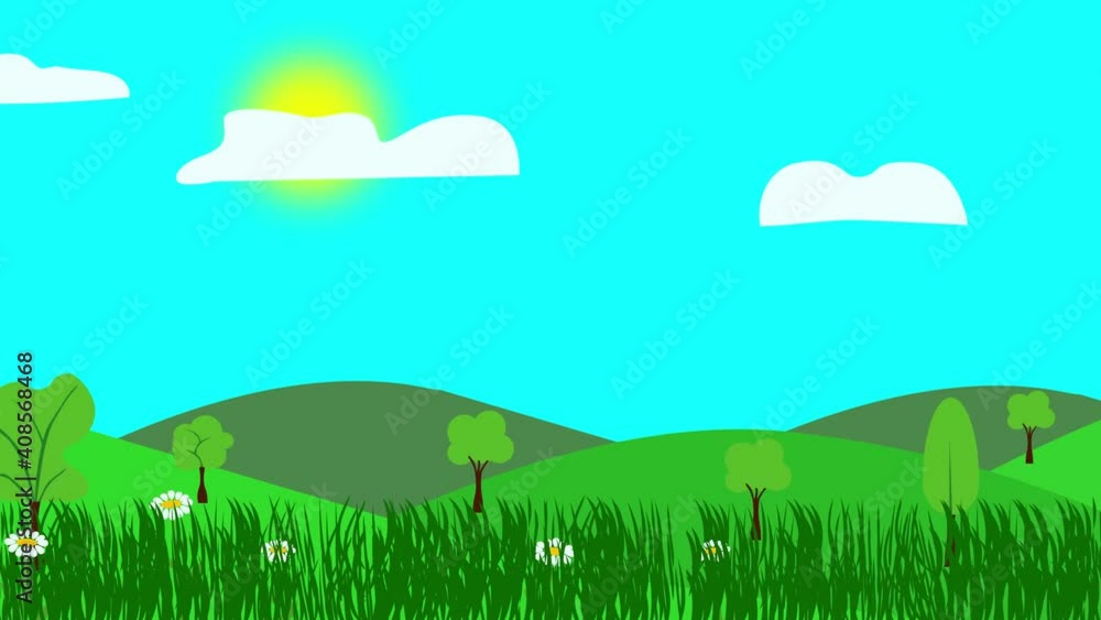 Cartoon Landscape, Spring season animation with flowers, Flat design Cartoon Landscape, Spring season animation with flowers, Flat design