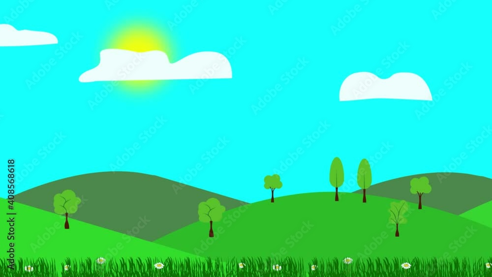 Cartoon Landscape, Spring season animation with flowers, Flat design Cartoon Landscape, Spring season animation with flowers, Flat design