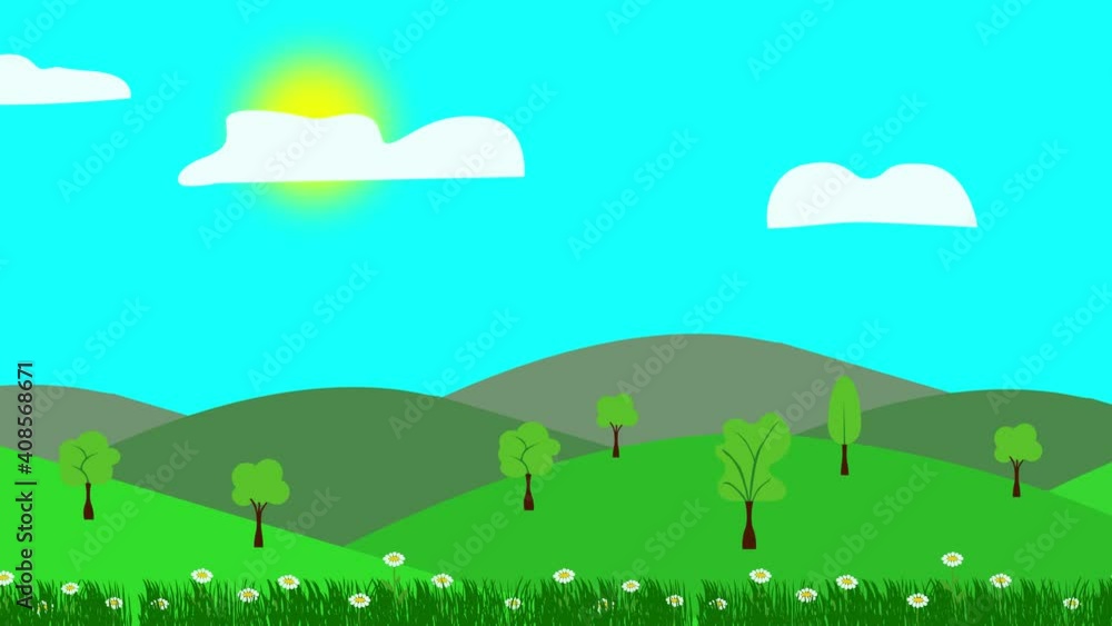 Cartoon Landscape, Spring season animation with flowers, Flat design Cartoon Landscape, Spring season animation with flowers, Flat design