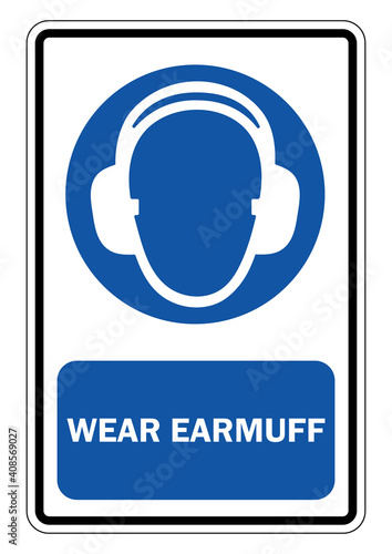 Mandatory label to wear ear muffs for noise reduction Vector illustration