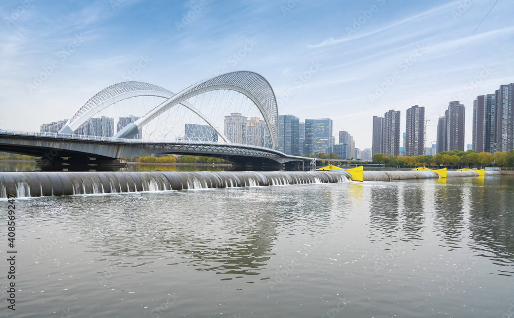 Fototapeta premium Bridges and urban skyline in Taiyuan, Shanxi, China