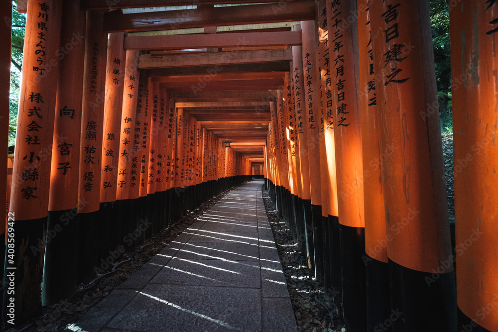 Kyoto, Japan - September 03, 2019 - Torii gates in Fushimi Inari Shrine, Kyoto, Japan Kyoto, Japan - September 03, 2019 - Torii gates in Fushimi Inari Shrine, Kyoto, Japan