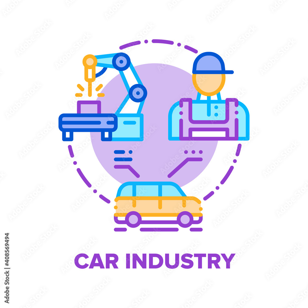 Car Industry Vector Icon Concept. Car Manufacturing Factory Worker And Robotic Equipment For Production Automobile Details. Industrial Plant Engineer Control Assembly Line Color Illustration Car Industry Vector Icon Concept. Car Manufacturing Factory Worker And Robotic Equipment For Production Automobile Details. Industrial Plant Engineer Control Assembly Line Color Illustration