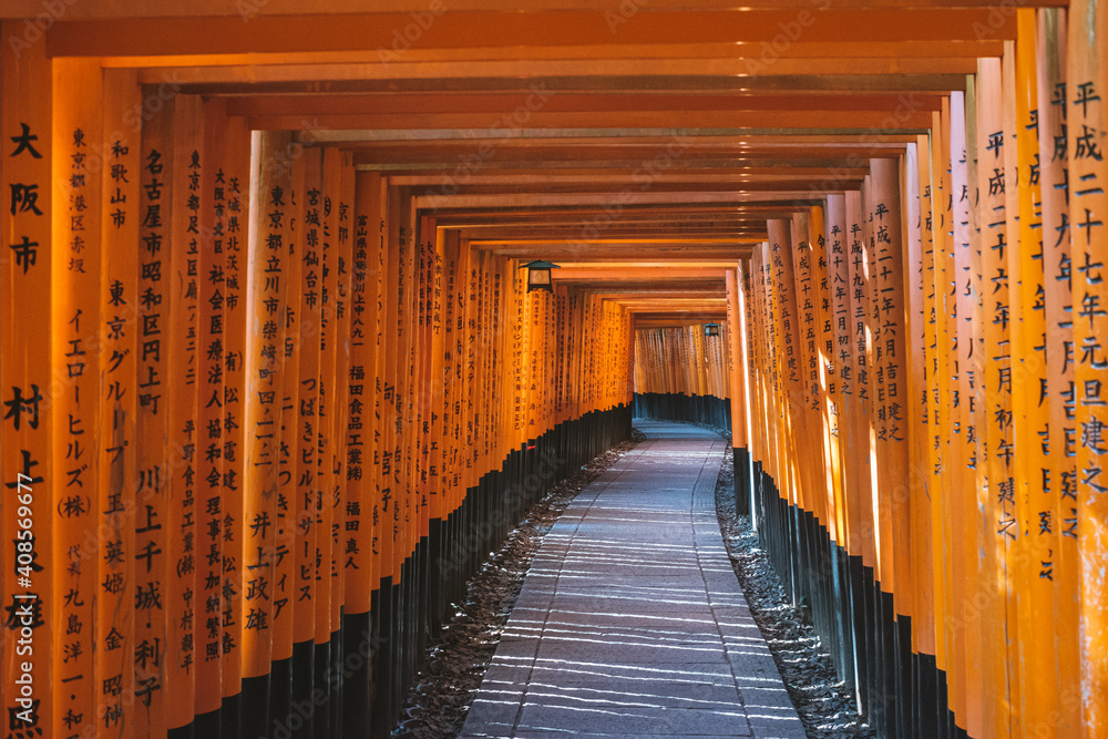 Kyoto, Japan - September 03, 2019 - Torii gates in Fushimi Inari Shrine, Kyoto, Japan Kyoto, Japan - September 03, 2019 - Torii gates in Fushimi Inari Shrine, Kyoto, Japan