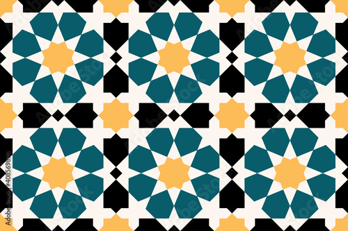 Geometric Islamic Seamless Pattern for decoration greeting card or interior based on a tenfold traditional rosette. Vector Illustration.