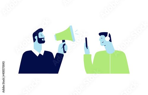 Two cartoon characters, side view. Difficulties in communication between people. The man shouts into the loudspeaker. A person with phone and headphones cannot hear. Vector illustration, flat design