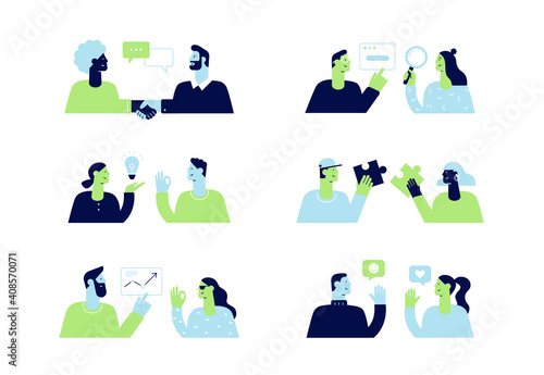 Vector cartoon characters for web and mobile apps. Social and business concept. Interaction between people. Solution problems, new ideas, handshake. Flat design, modern style, isolated on white 