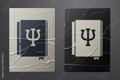 White Psychology book icon isolated on crumpled paper background. Psi symbol. Mental health concept, psychoanalysis analysis and psychotherapy. Paper art style. Vector.