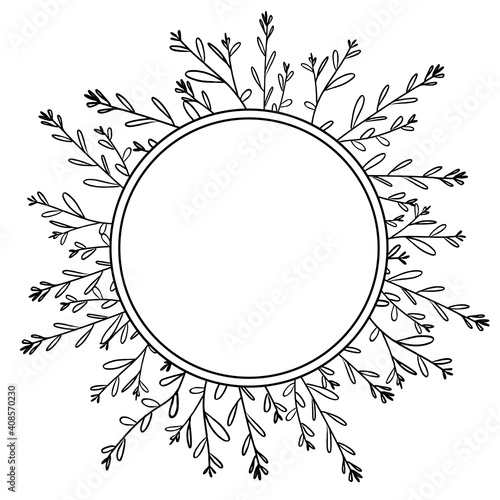 Round frame branch with leaves vector line art Floral illustration on white background. Isolated vector illustration. Vector drawing. Decorative symbol. Elegant abstract background. Drawing style.
