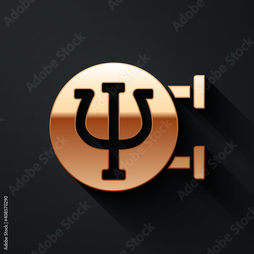 Gold Psychology icon isolated on black background. Psi symbol. Mental health concept, psychoanalysis analysis and psychotherapy. Long shadow style. Vector.