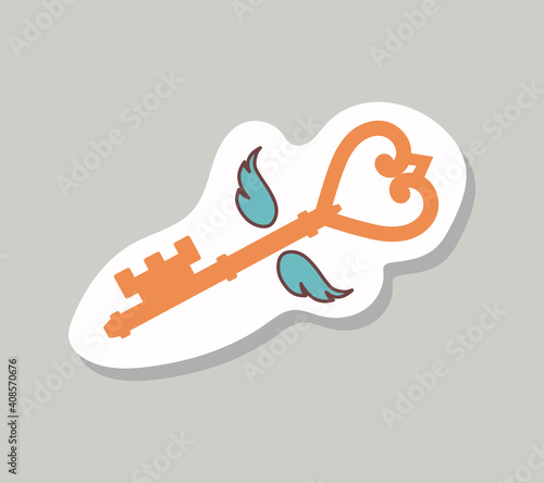 Key with wings sticker. The key is in the form of a heart. Vector illustration.
