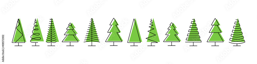 Obraz premium Trees pines vector icons. Trees icons in a row, isolated. Panorama view. Christmas tree in line flat design. Vector illustration