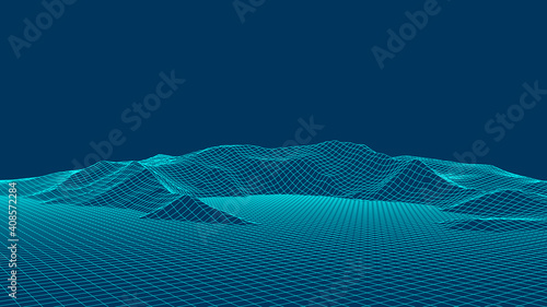 Technology wireframe landscape. Futuristic polygonal terrain background. Digital vector illustration. Retro design.