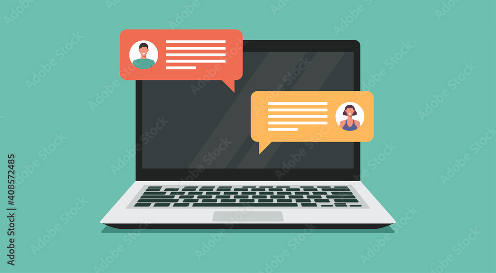 online chatting on laptop computer concept, people connecting together and work from anywhere, vector flat illustration online chatting on laptop computer concept, people connecting together and work from anywhere, vector flat illustration