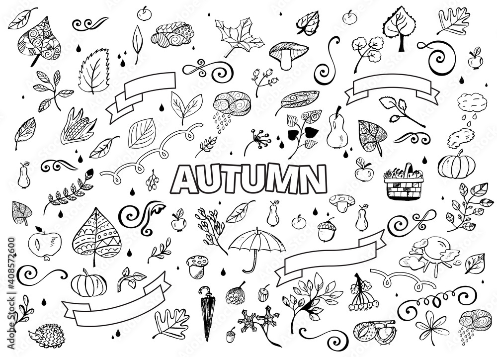 set of Different Hand Drawn Autumn Design Elements. Autumn Doodle Illustration. Autumn Doodles. Coloring book. Leaves, curls, mushrooms, hedgehog, chestnut set of Different Hand Drawn Autumn Design Elements. Autumn Doodle Illustration. Autumn Doodles. Coloring book. Leaves, curls, mushrooms, hedgehog, chestnut