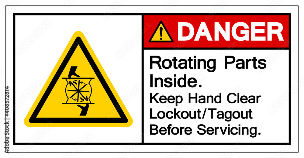 Danger Rotating Parts Inside Keep Hand Clear Lockout/Tagout Before Servicing Symbol Sign, Vector Illustration, Isolate On White Background Label .EPS10 Danger Rotating Parts Inside Keep Hand Clear Lockout/Tagout Before Servicing Symbol Sign, Vector Illustration, Isolate On White Background Label .EPS10