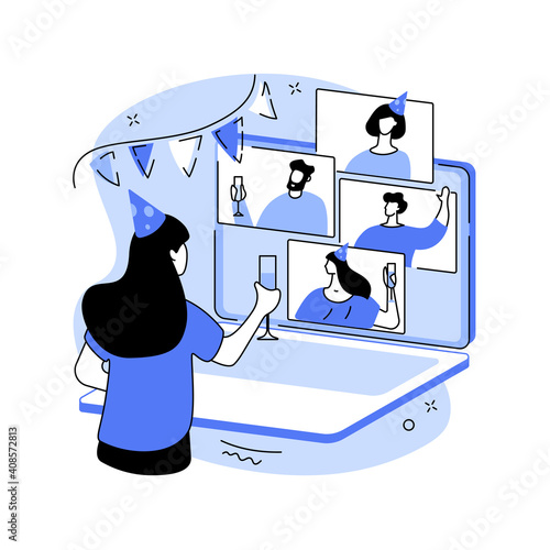 Virtual Holiday party abstract concept vector illustration. Online celebration, virtual office party, playing games, digital greeting idea, corporate event, quarantine fun abstract metaphor.