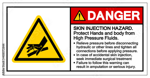Danger Skin Injection Hazard Protrct Hands and body from High Pressure Fluids Symbol Sign, Vector Illustration, Isolate On White Background Label .EPS10