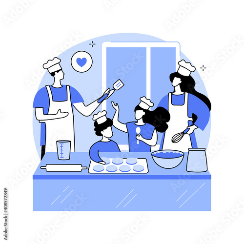 Bake together abstract concept vector illustration. Family fun during quarantine, home sitting ideas, spending time together during isolation, adults baking with children abstract metaphor.