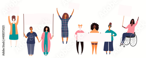 Diverse women group, woman in a wheelchair on a protest, holding different placards, banners with copy space. Hand drawn vector illustration, isolated on white. Flat style design. Concept for feminism