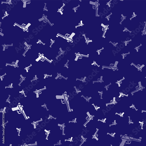 White Desert eagle gun icon isolated seamless pattern on blue background. Vector.