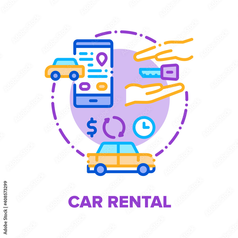 Car Rental Service Company Vector Icon Concept. Vehicle Business For Rent Automobile And Travel, Phone Application For Remote Rental Transport And Dealership Information Color Illustration Car Rental Service Company Vector Icon Concept. Vehicle Business For Rent Automobile And Travel, Phone Application For Remote Rental Transport And Dealership Information Color Illustration
