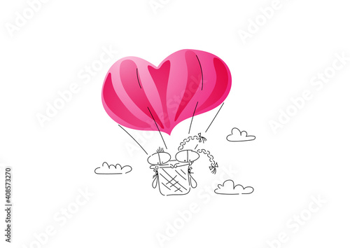 A guy and a girl on Valentine's Day went on a romantic trip. Balloon in the form of a pink heart. Characters are created in a linear style with a black line. Combined with brightly colored elements