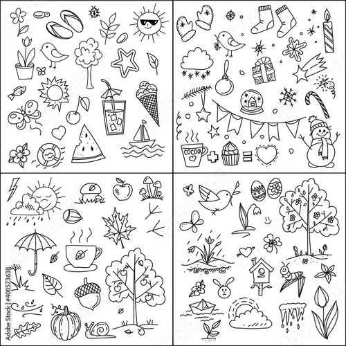 set of hand drawn elements for design. 4 seasons