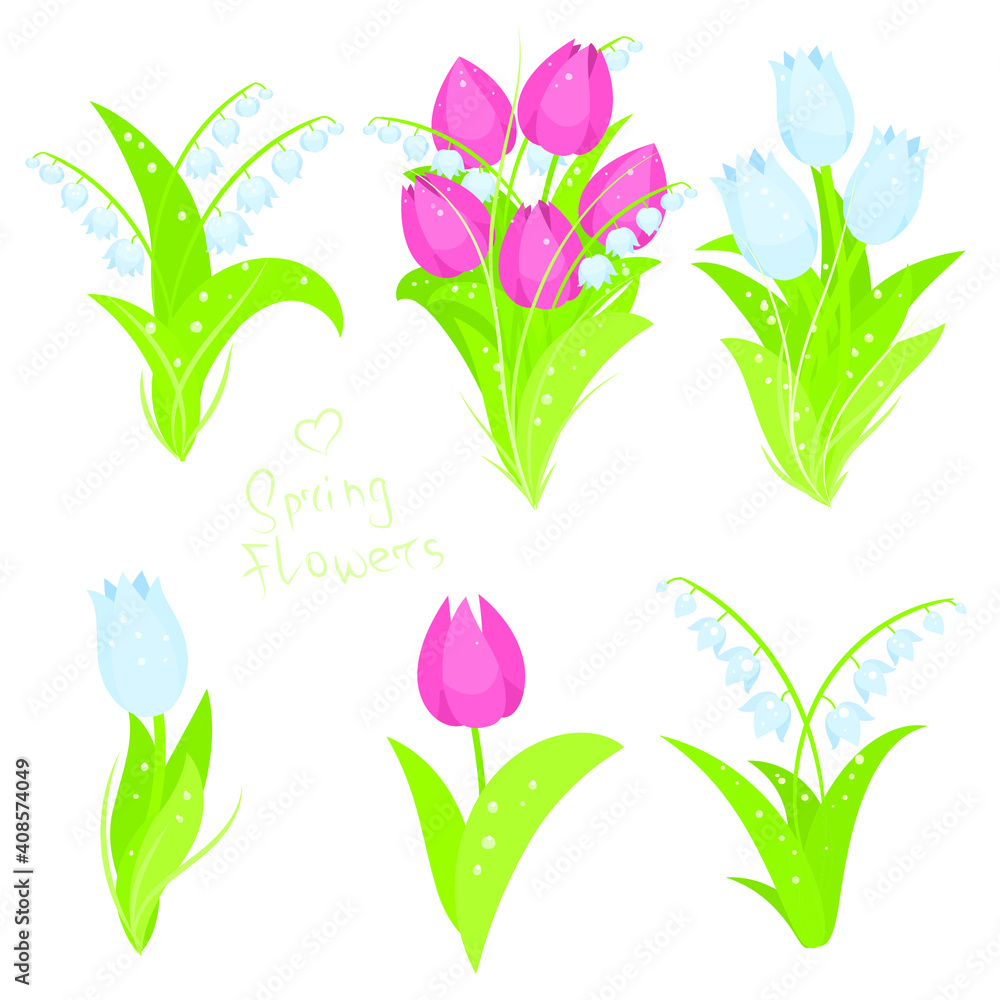 Spring flower bouquet. Lily of the valley, may flower, tulip, pink tulip and blue tulip
