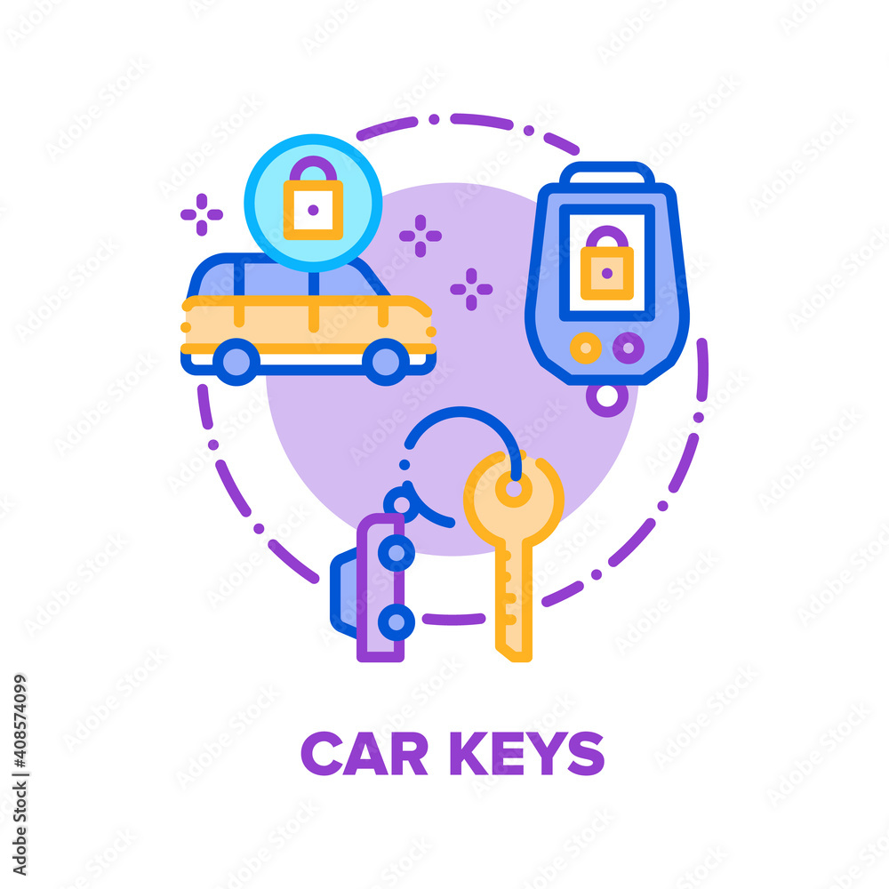 Car Keys Trinket Vector Icon Concept. Vehicle Keys With Alarm Security System, Electronic Remote Control For Lock And Unlock Automobile Door, Start Engine Driver Tool Color Illustration