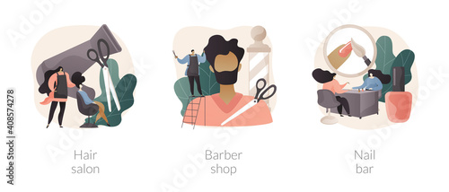 Beauty salon abstract concept vector illustration set. Hair salon, barbershop, nail bar, Haircut service, beard shaving, nail polish, french manicure, hairstylist chair and scissors abstract metaphor.