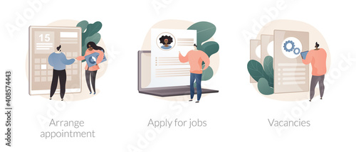 HR service abstract concept vector illustration set. Arrange appointment, apply for jobs, vacancies list, start career, company webpage, apply online, find job opportunity abstract metaphor.