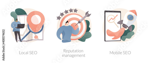 Search engine marketing abstract concept vector illustration set. Local SEO, reputation management, mobile optimization, targeted web search, public relations, social media abstract metaphor.