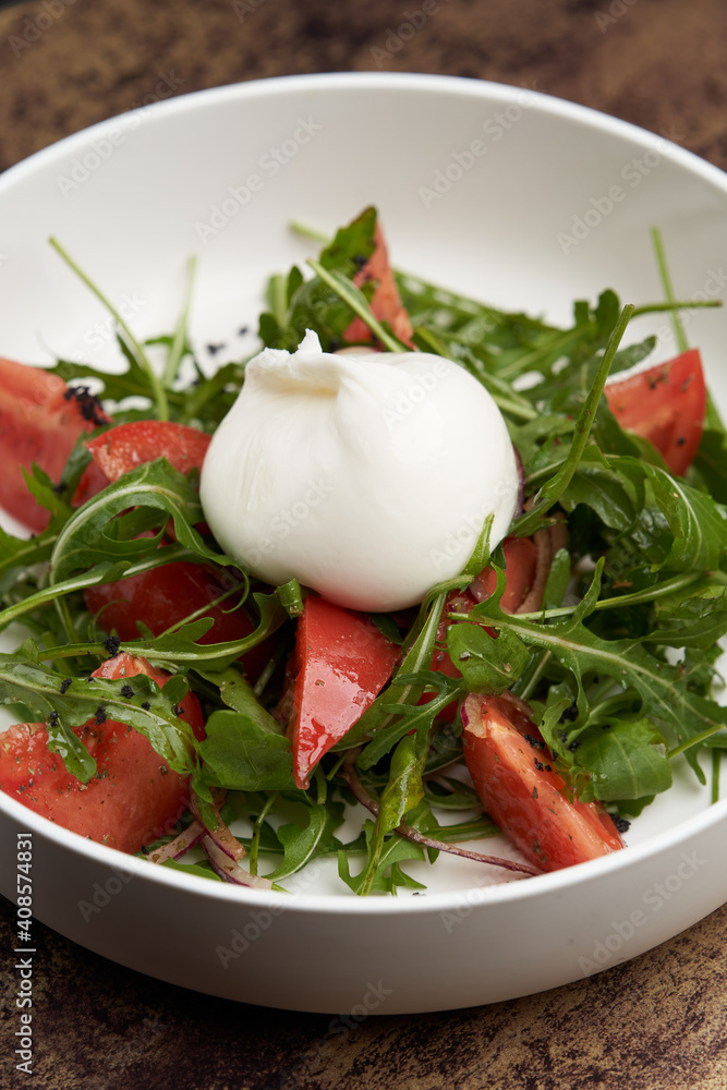 Mozzarella burrata salad with shrimp, arugula leaves Mozzarella burrata salad with shrimp, arugula leaves