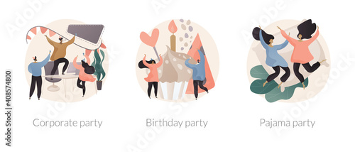 Celebration event abstract concept vector illustration set. Corporate and Birthday party, pajama night, friends sleepover, greeting card, kids having fun, team building, decoration abstract metaphor.