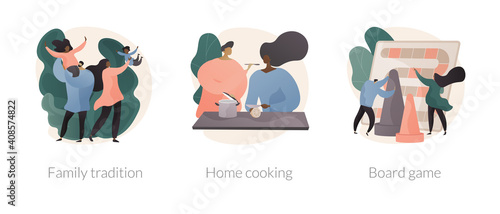 Gathering together abstract concept vector illustration set. Family tradition, home cooking, board games, home party, food recipes, fun activity idea, traditional meal, celebration abstract metaphor.